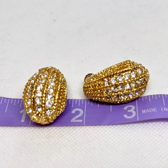 Vintage Louis Dell ‘Olio Gold Plated Pave’ Rhinestone Clip On Earrings EUC - Picture 4 of 11